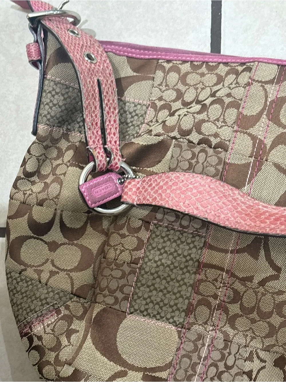 Rare Coach Signature Patchwork Hobo Bag with Pink Trim and Wristlet Set